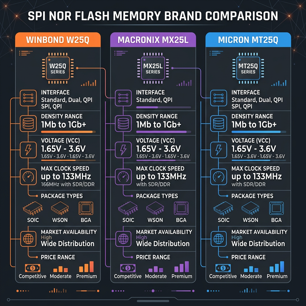 Winbond W25Q vs Macronix MX25L vs Micron MT25Q &mdash; side-by-side specification comparison