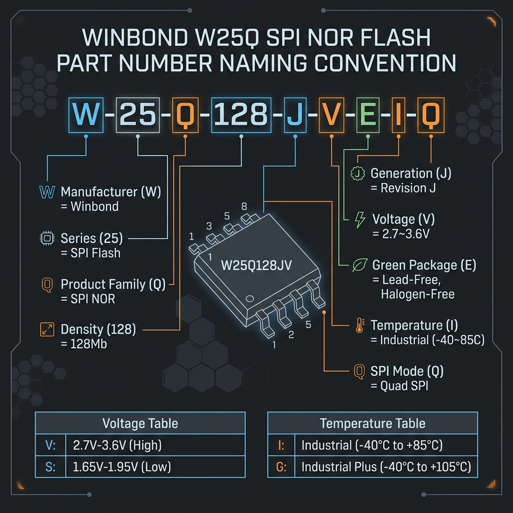 Winbond W25Q part number naming convention &mdash; exploded diagram showing each segment: Manufacturer, Series, Product Family, Density, Generation, Voltage, Green Package, Industrial Temp, Quad SPI