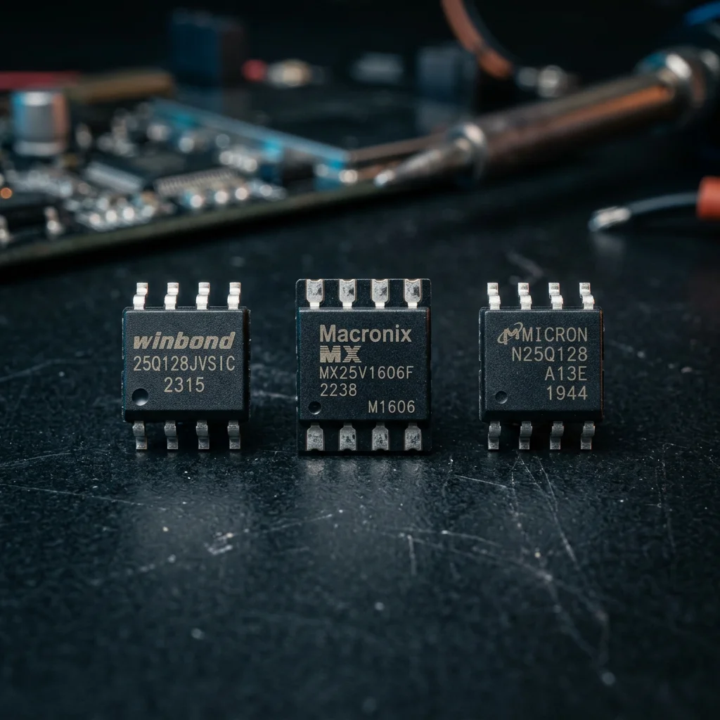 SPI NOR Flash memory ICs &mdash; Winbond W25Q, Macronix MX25L, and Micron MT25Q in SOIC-8 and WSON-8 packages