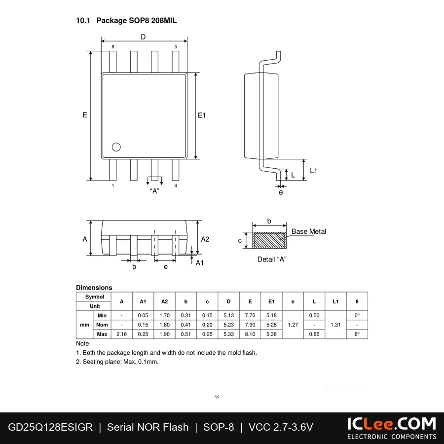 GD25Q128ESIGR GigaDevice 128Mbit FLASH-NOR 8-SOP package outline drawing
