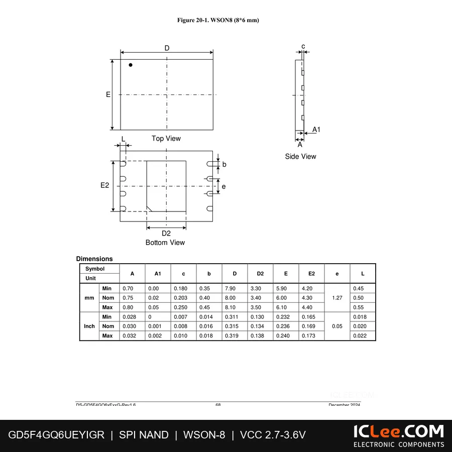 GD5F4GQ6UEYIGR GigaDevice 0.5GB (4Gbit) FLASH 8-WSON (8x6mm) package outline drawing