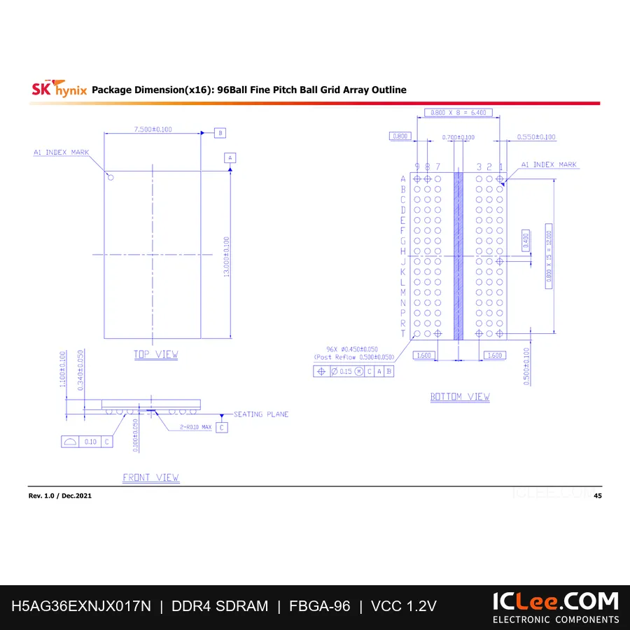 H5AG36EXNJX017N 16Gbit (2GB) DDR5 96-FBGA package outline drawing