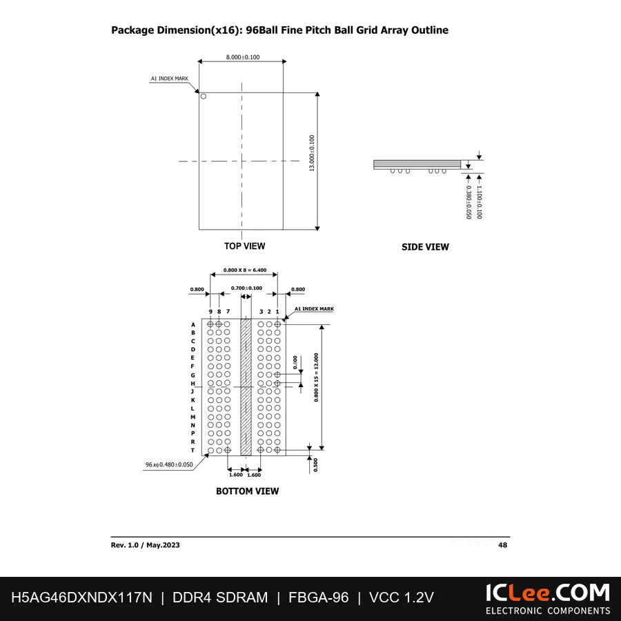 H5AG46DXNDX117N 16Gbit (2GB) DDR5 96-FBGA package outline drawing