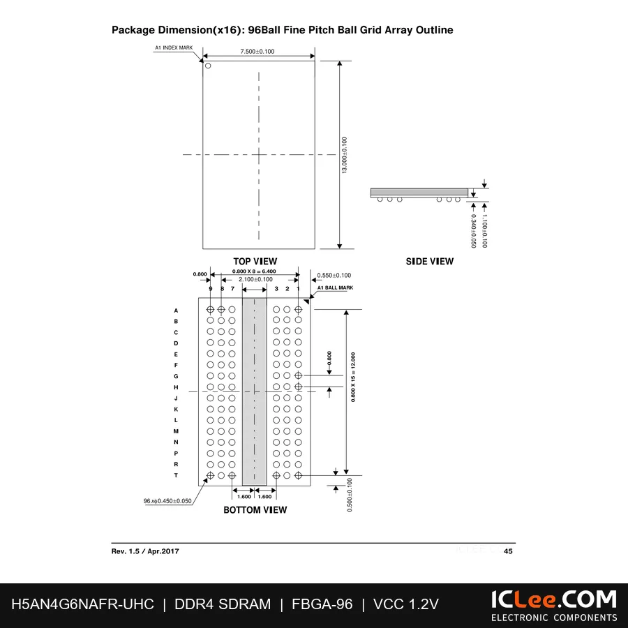 H5AN4G6NAFR-UHC HYNIX 4Gbit (512MB) DDR4 96-FBGA package outline drawing
