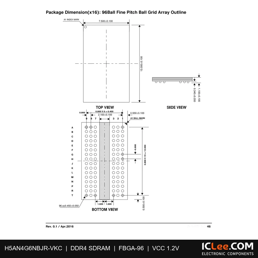 H5AN4G6NBJR-VKC HYNIX 4Gbit (512MB) DDR4 96-FBGA package outline drawing