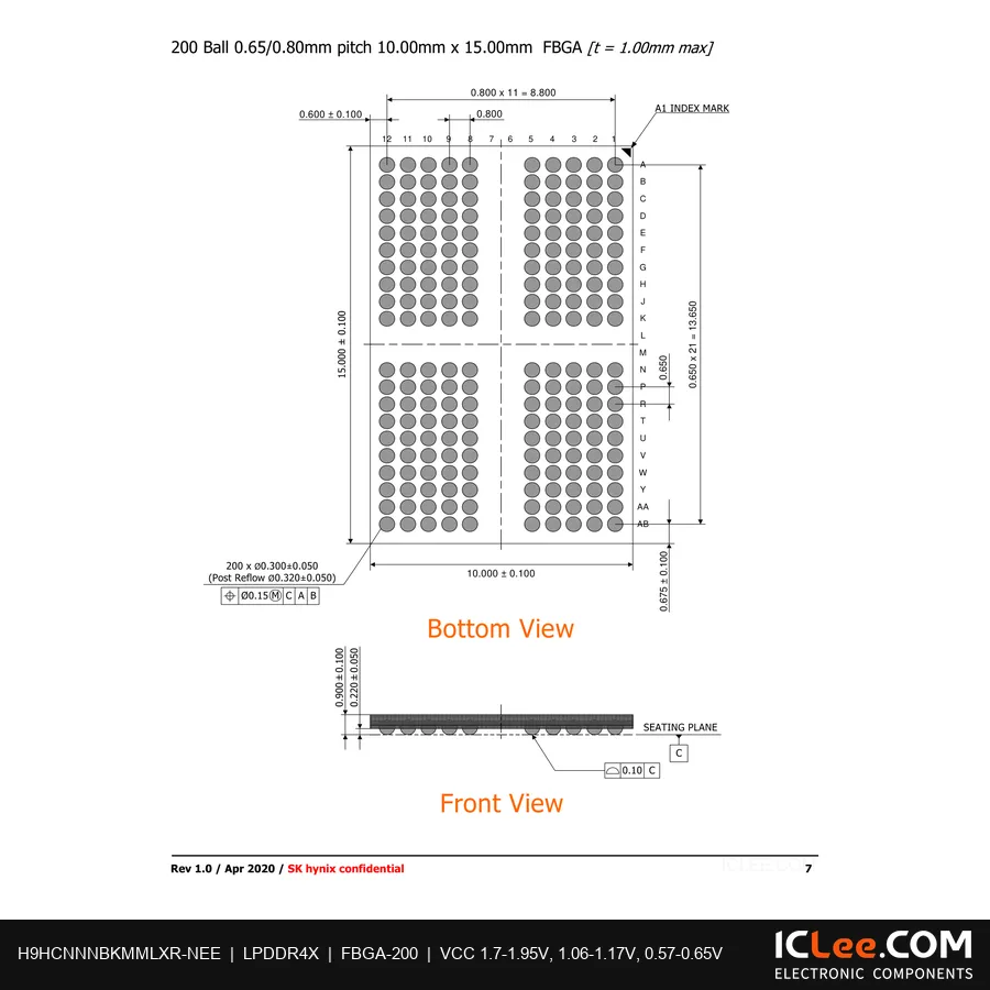 H9HCNNNBKMMLXR-NEE 16Gbit (2GB) LPDDR4X 200-FBGA package outline drawing