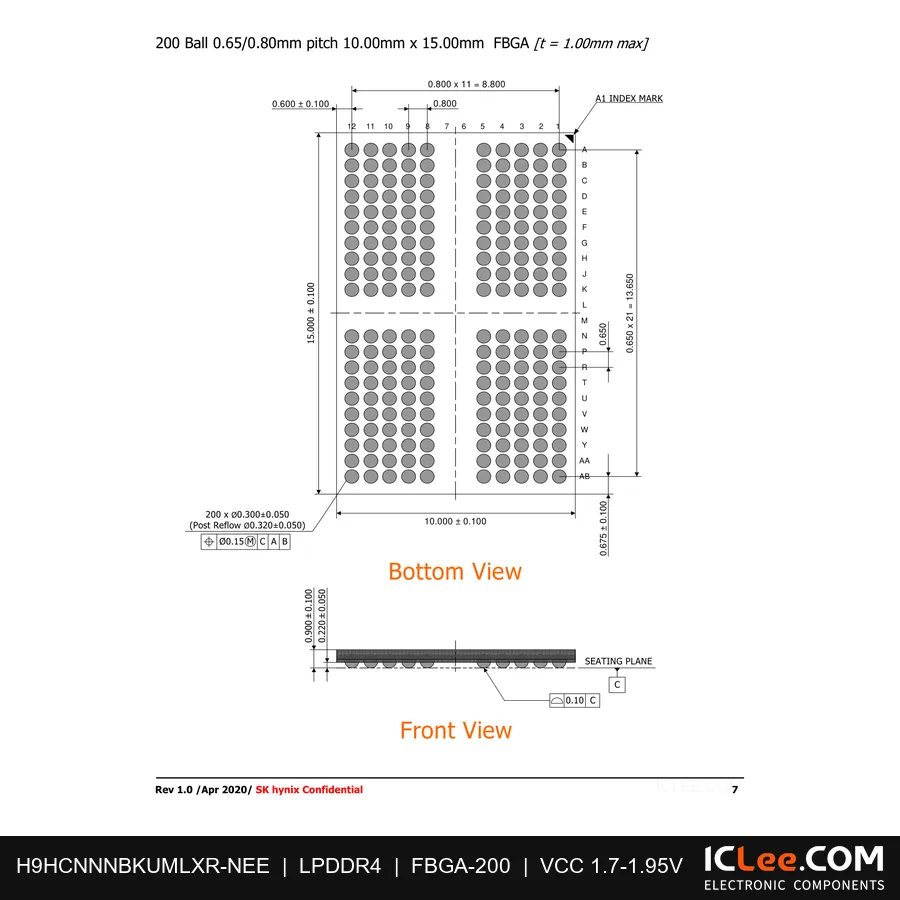 H9HCNNNBKUMLXR-NEE 16Gbit (2GB) LPDDR4X 200-FBGA package outline drawing