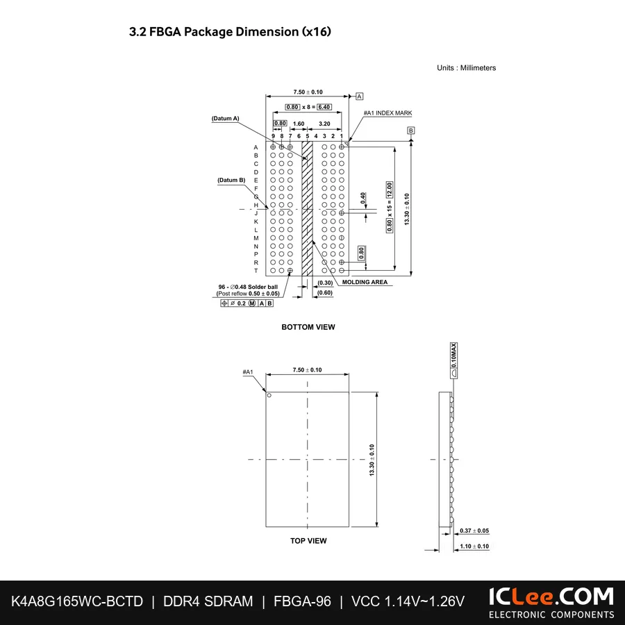 K4A8G165WC-BCTD Samsung 8Gb (1GB) DDR4 96-FBGA package outline drawing