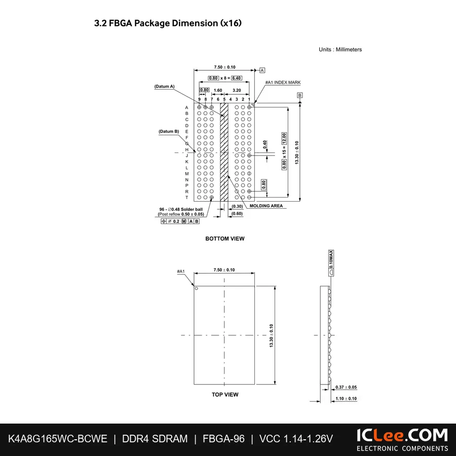 K4A8G165WC-BCWE Samsung 8Gb (1GB) DDR4 96-FBGA package outline drawing