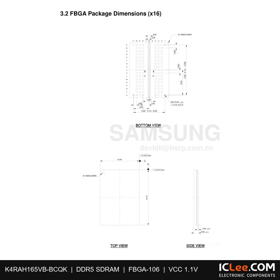K4RAH165VB-BCQK Samsung 16Gb (2GB) DDR4 96-FBGA package outline drawing