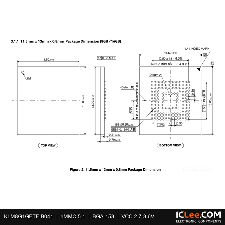 KLM8G1GETF-B041 Samsung 8GB eMMC 5.1 153-FBGA package outline drawing