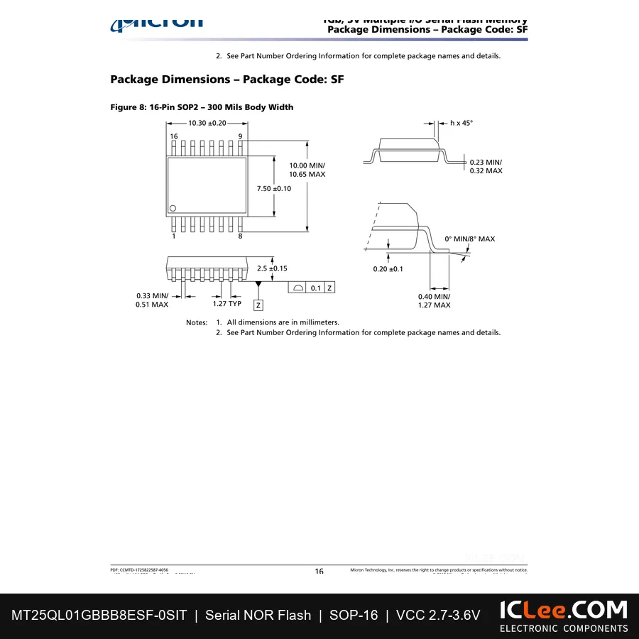 MT25QL01GBBB8ESF-0SIT Micron 0.13GB (1Gbit) FLASH-NOR 16-SO package outline drawing