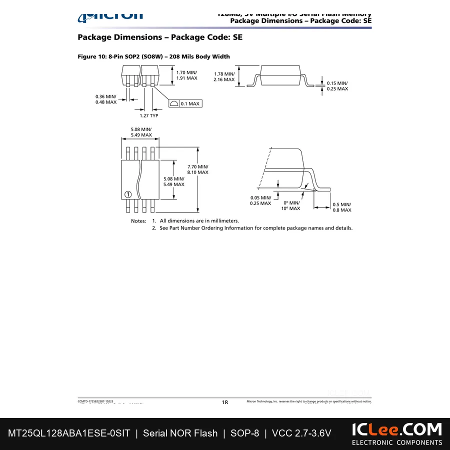 MT25QL128ABA1ESE-0SIT Micron 128Mbit FLASH-NOR 8-SO package outline drawing