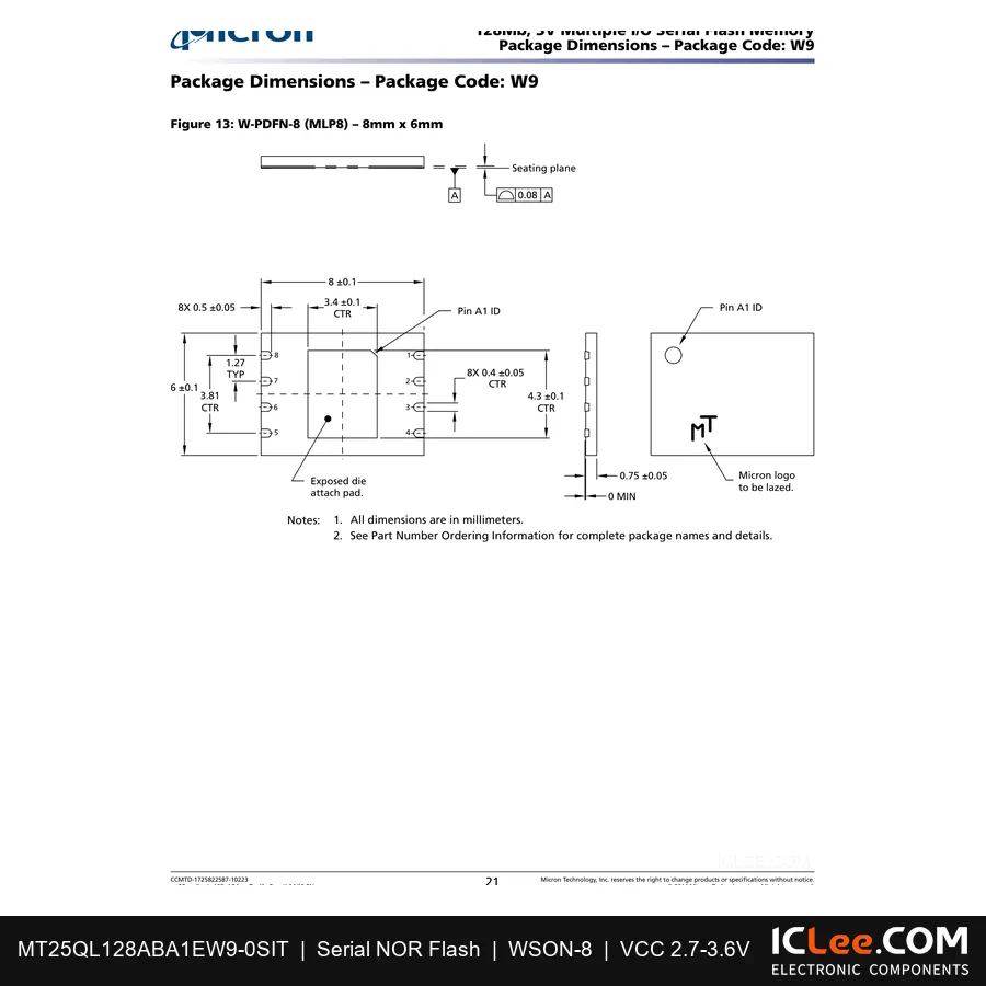 MT25QL128ABA1EW9-0SIT Micron 128Mbit FLASH-NOR 8-WDFN Exposed Pad package outline drawing