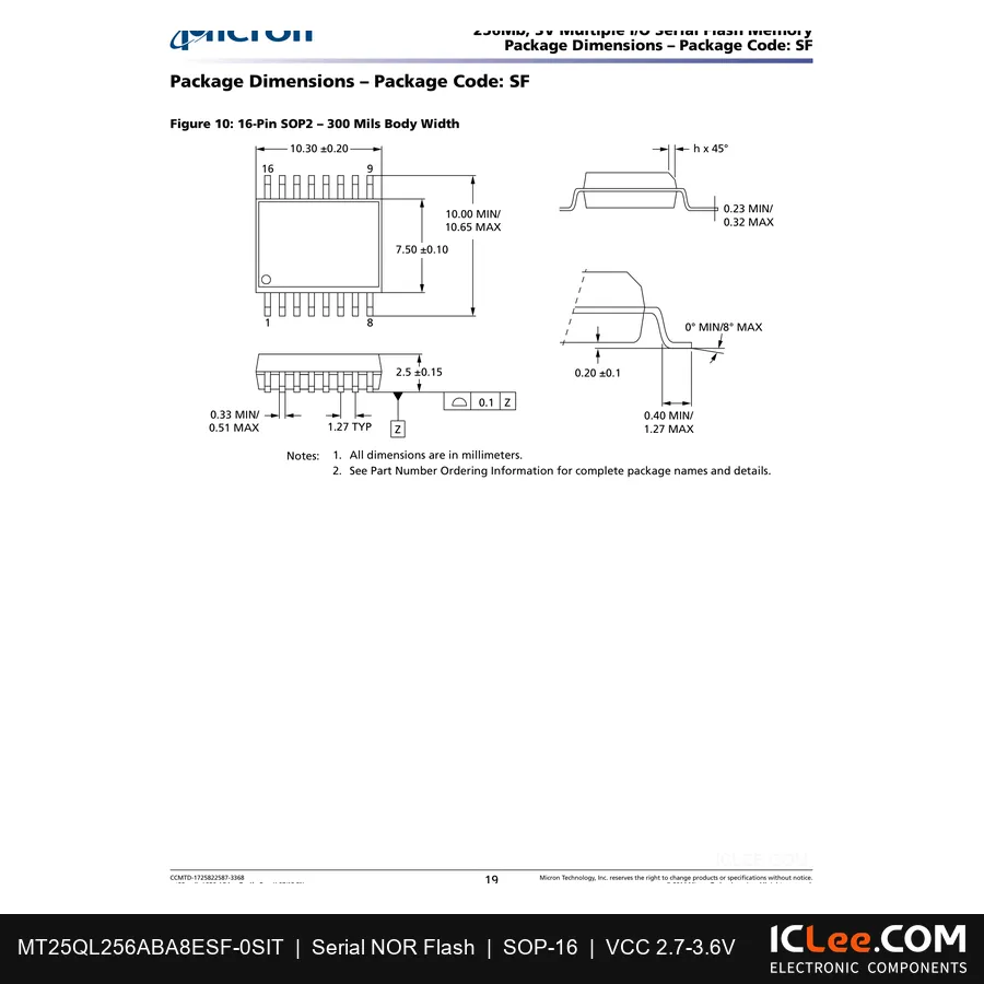 MT25QL256ABA8ESF-0SIT Micron 256Mbit FLASH-NOR 16-SO package outline drawing