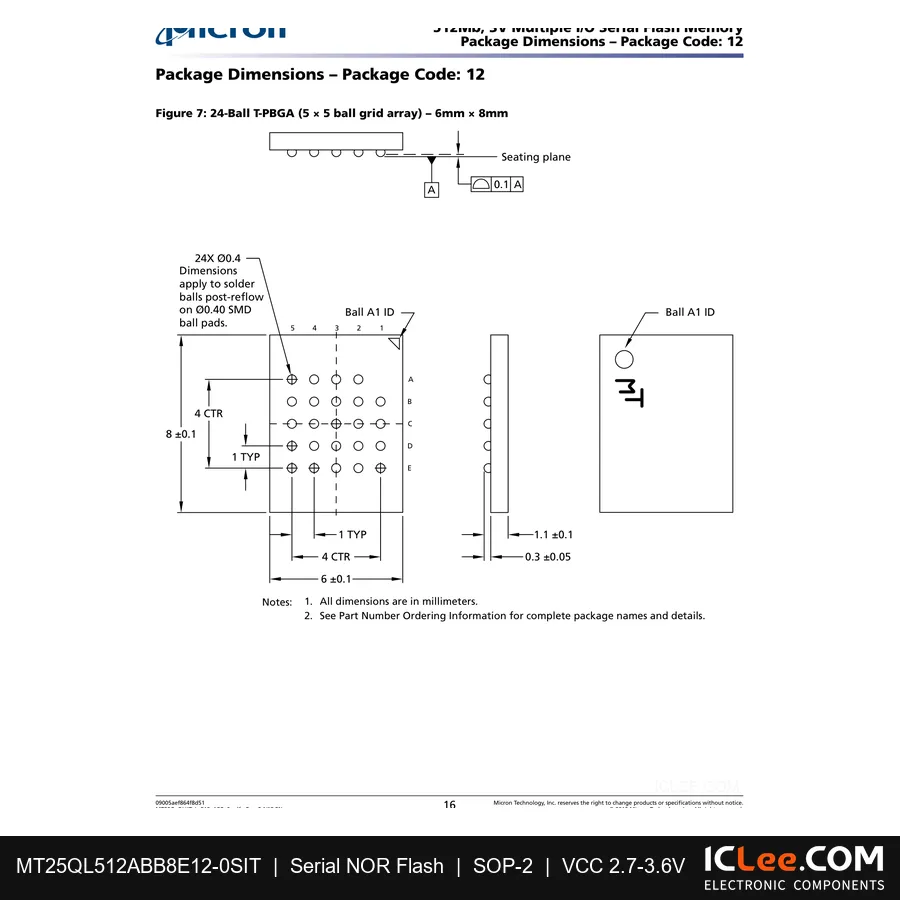 MT25QL512ABB8E12-0SIT Micron 512Mbit FLASH-NOR 24-TBGA package outline drawing