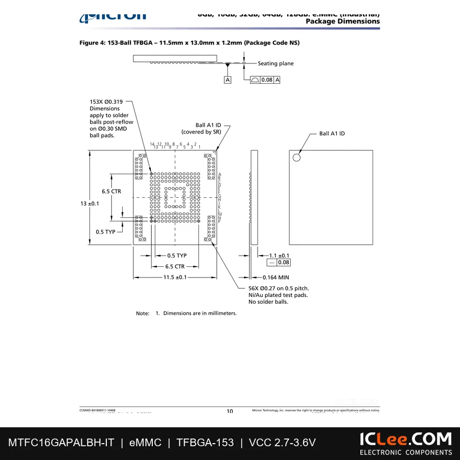 MTFC16GAPALBH-IT Micron 16GB (128Gbit) FLASH 153-TFBGA package outline drawing