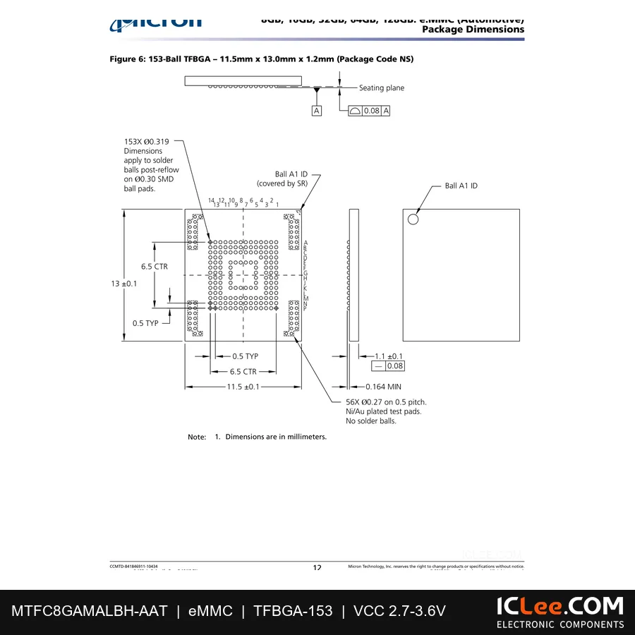 MTFC8GAMALBH-AAT Micron 8GB (64Gbit) FLASH 153-TFBGA package outline drawing