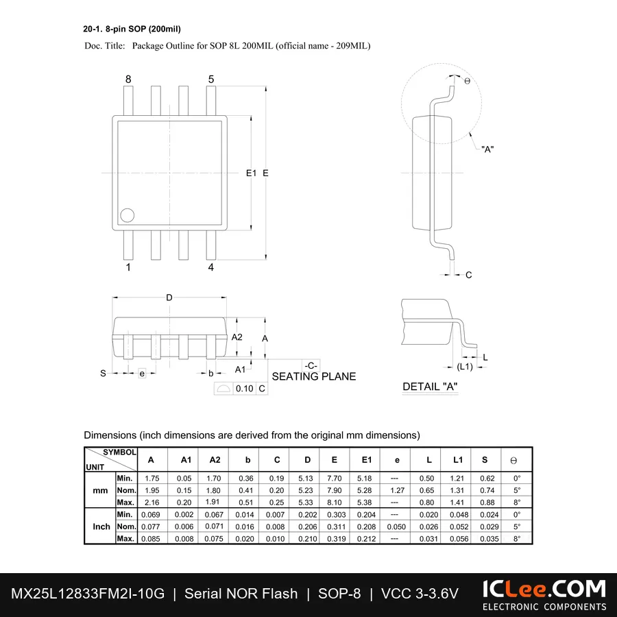 MX25L12833FM2I-10G Macronix 128Mbit FLASH-NOR 8-SOP package outline drawing