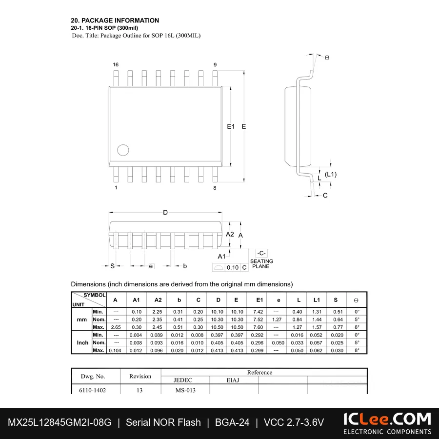 MX25L12845GM2I-08G Macronix 128Mbit FLASH-NOR 8-SOP package outline drawing