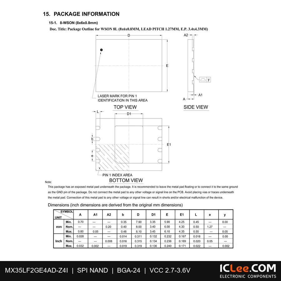 MX35LF2GE4AD-Z4I Macronix 0.25GB (2Gbit) FLASH 8-WSON (8x6) package outline drawing