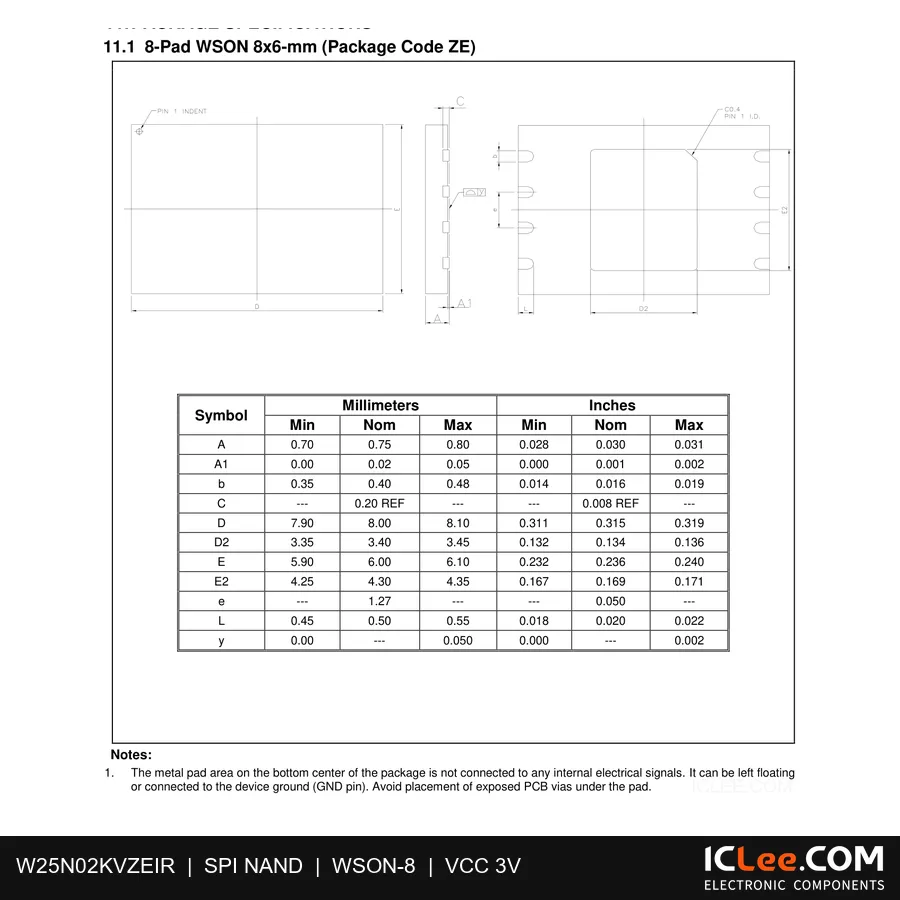 W25N02KVZEIR Winbond 0.25GB (2Gbit) FLASH 8-WSON (8x6) package outline drawing