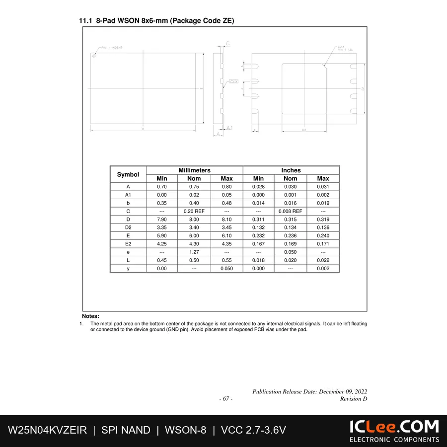 W25N04KVZEIR Winbond 0.5GB (4Gbit) FLASH 8-WSON (8x6) package outline drawing