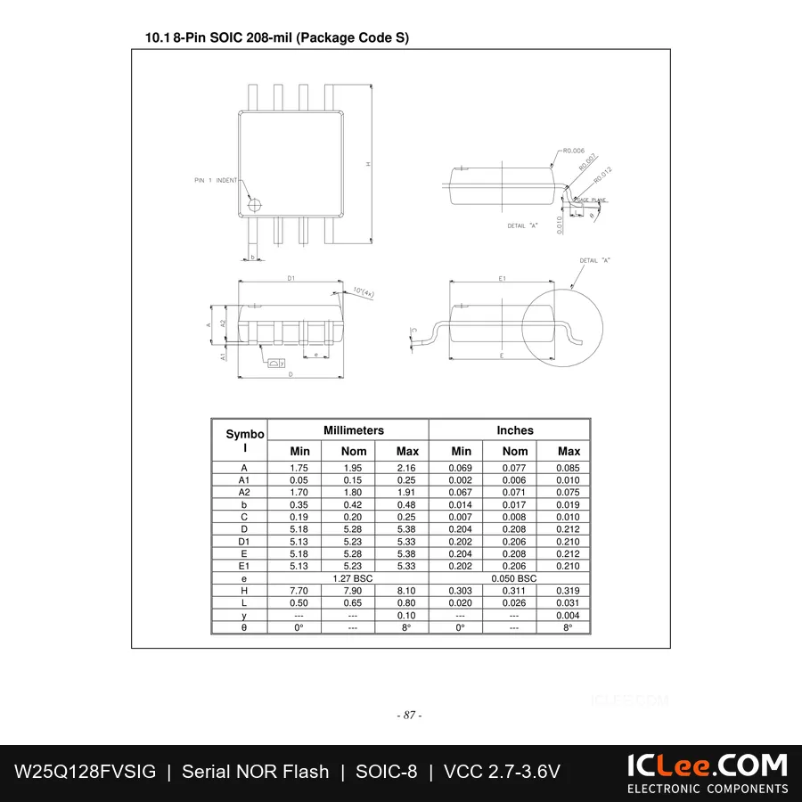 W25Q128FVSIG Winbond 128Mbit FLASH-NOR 8-SOIC package outline drawing