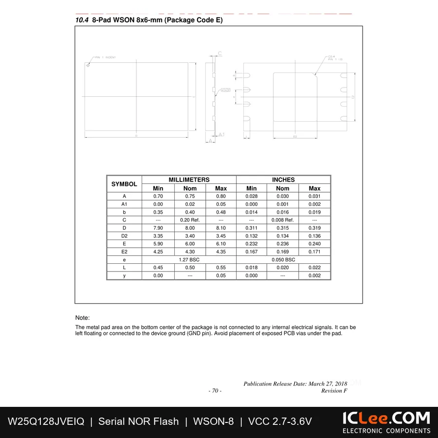 W25Q128JVEIQ Winbond 128Mbit FLASH-NOR 8-WSON (8x6) package outline drawing