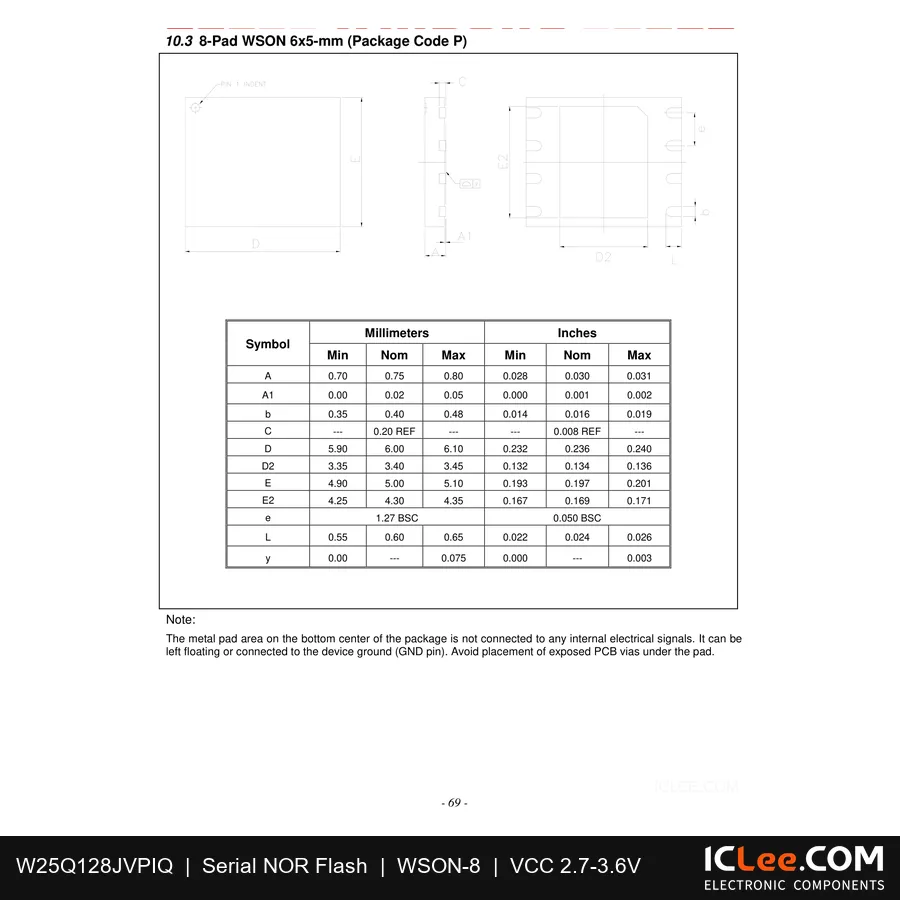 W25Q128JVPIQ Winbond 128Mbit FLASH-NOR 8-WSON (6x5) package outline drawing