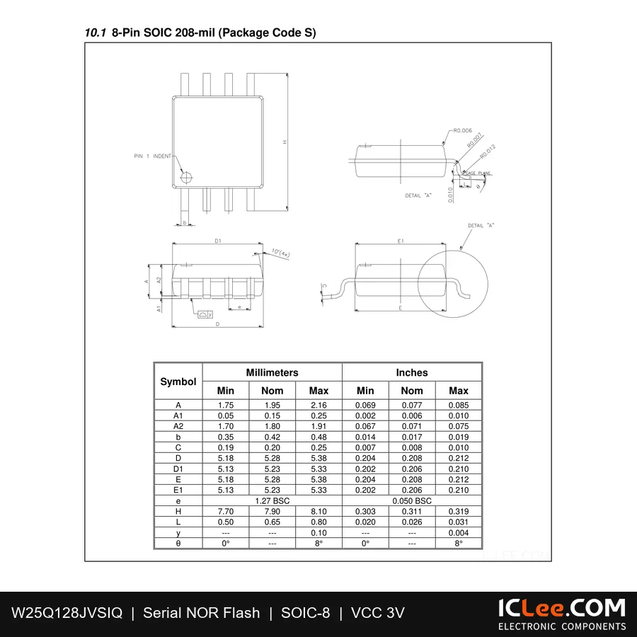 W25Q128JVSIQ Winbond 128Mbit FLASH-NOR 8-SOIC package outline drawing