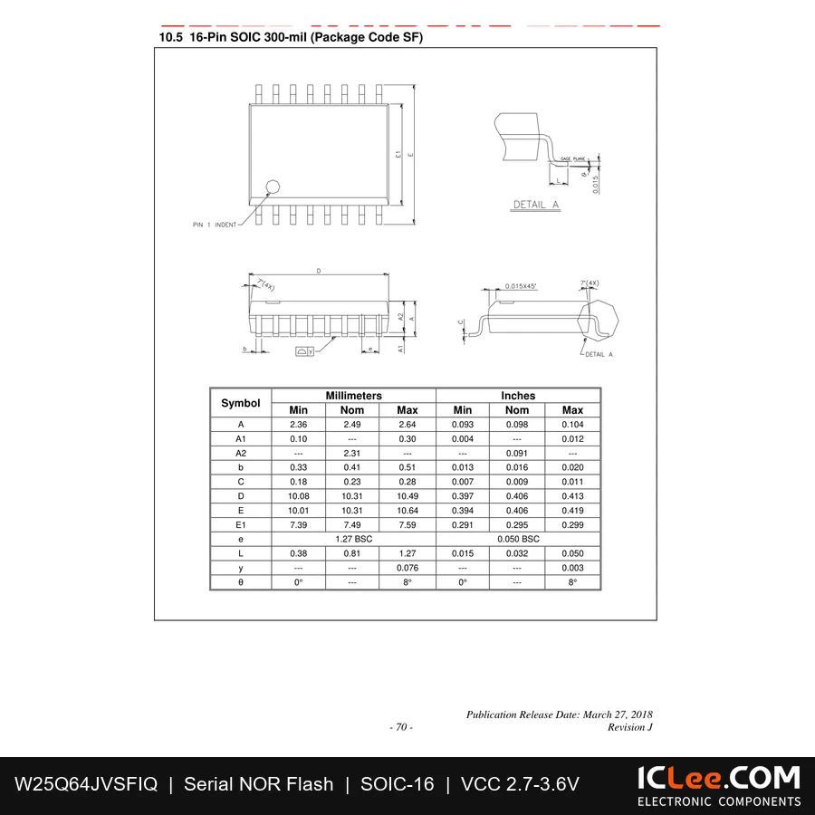 W25Q64JVSFIQ Winbond 64Mbit FLASH-NOR 16-SOIC package outline drawing
