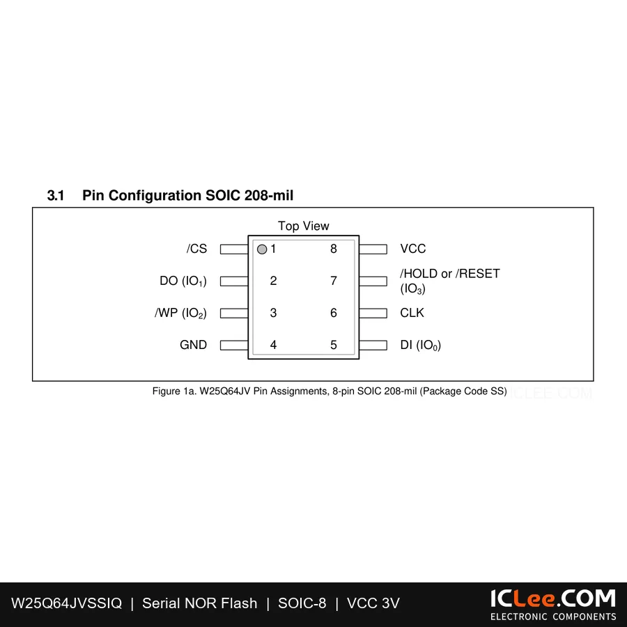W25Q64JVSSIQ Winbond 64Mbit FLASH-NOR 8-SOIC pinout diagram